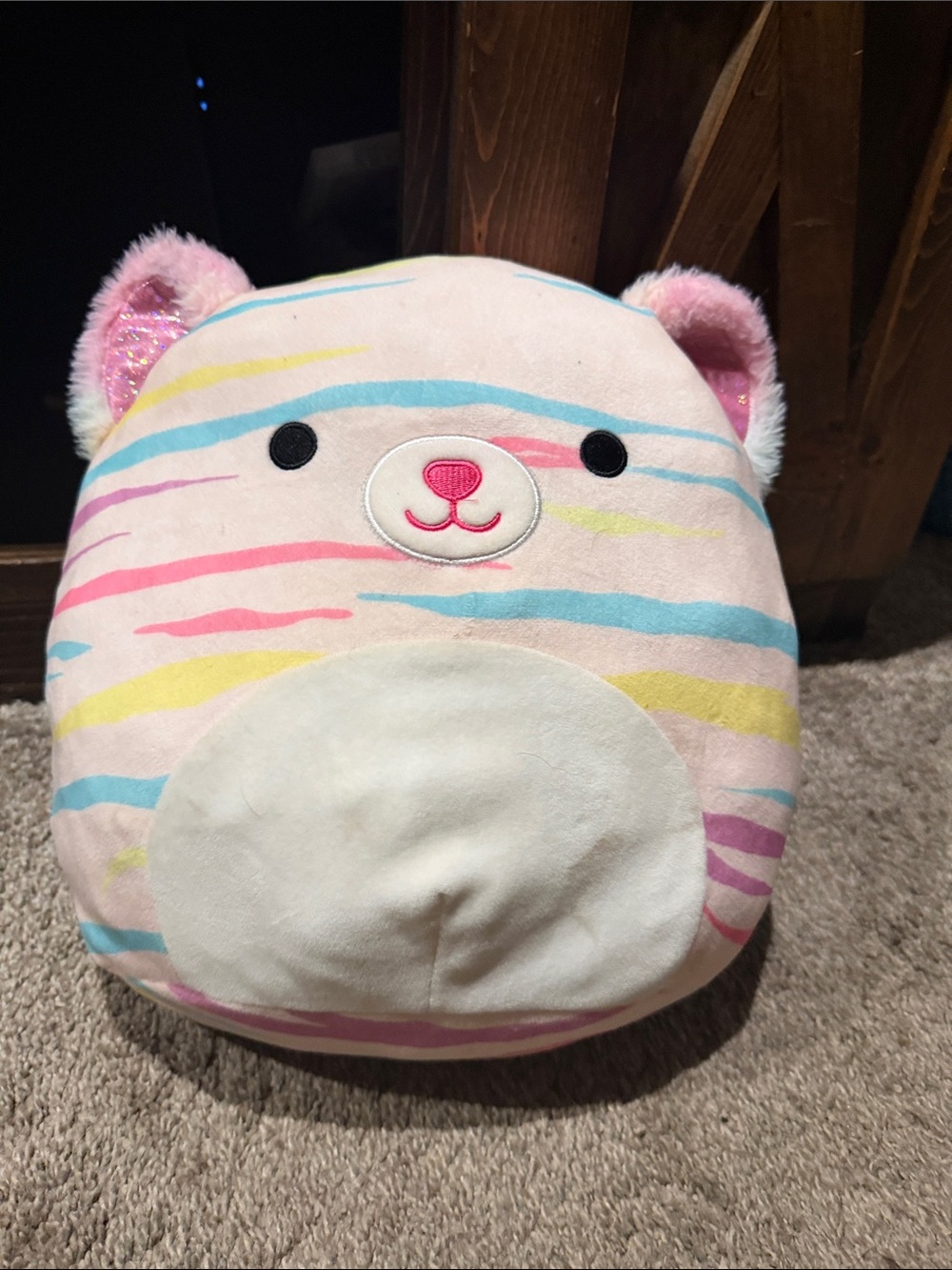 Squishmallows Pastel Striped Bear Plush - Pink with Blue, Yellow, Purple Accents